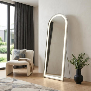63 Inch Silver Framed Full Length Leaning Mirror with Arch Top for Bedroom