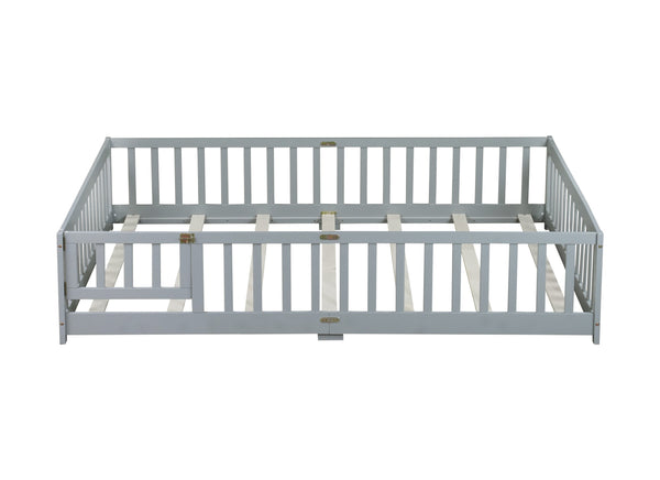 English Elm Queen Floor Bed with Safety Fence and Guardrails, Rubberwood Low Profile Platform for Kids Grey W504P286386