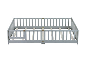 English Elm Queen Rubber Wood Floor Bed with Full Perimeter Safety Fence and Hinged Access Door Grey W504P429339
