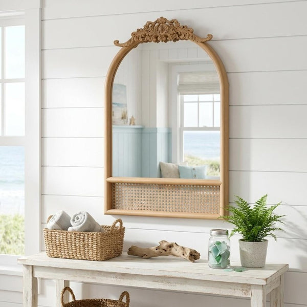 36 Inch Brown Rattan Arched Wall Mirror Boho Scrollwork Frame Entryway Decor