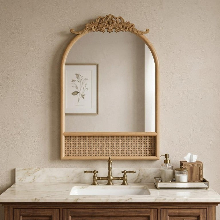HomeRoots 36 Inch Brown Rattan Arched Wall Mirror Boho Scrollwork Frame Entryway Decor 719508