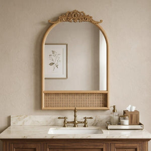 HomeRoots 36 Inch Brown Rattan Arched Wall Mirror Boho Scrollwork Frame Entryway Decor 719508