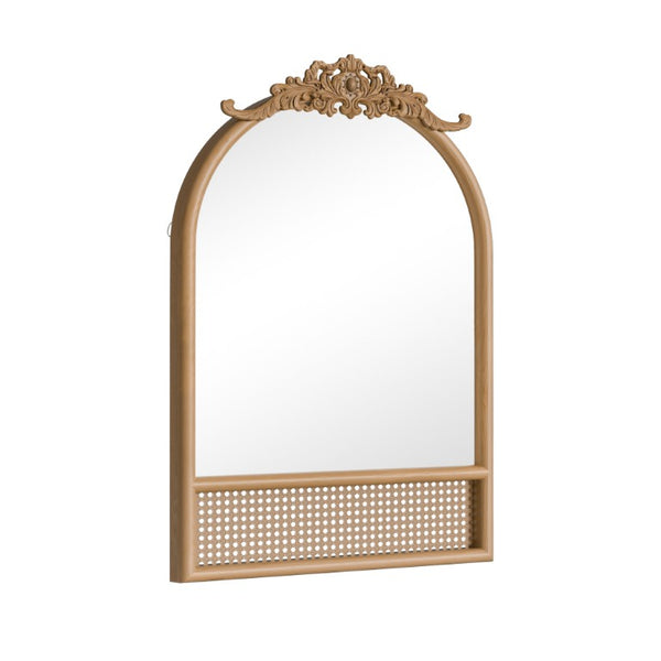 36 Inch Brown Rattan Arched Wall Mirror Boho Scrollwork Frame Entryway Decor