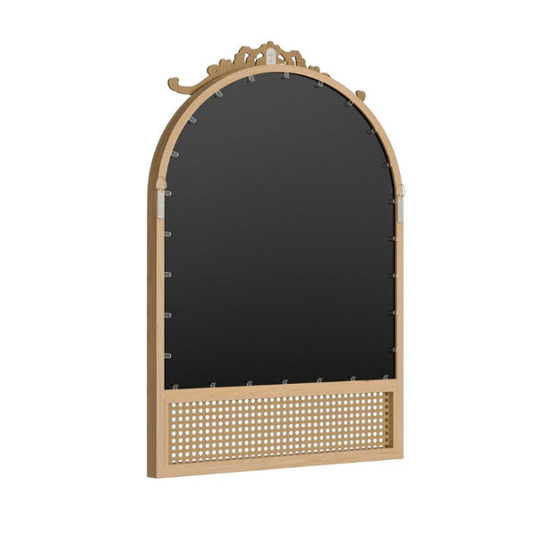 36 Inch Brown Rattan Arched Wall Mirror Boho Scrollwork Frame Entryway Decor