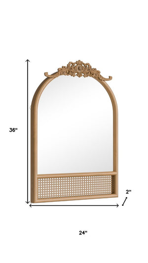36 Inch Brown Rattan Arched Wall Mirror Boho Scrollwork Frame Entryway Decor