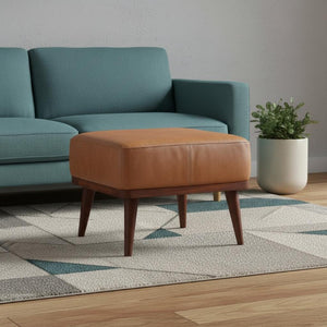 20 Inch Round Leather Ottoman Footstool in Tan Chestnut for Living Room Decor