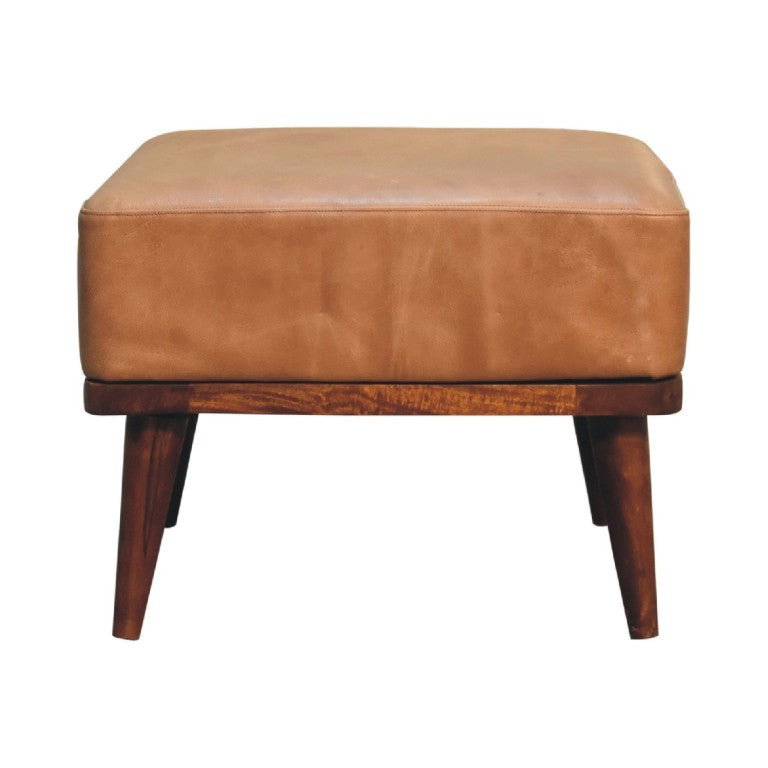 HomeRoots 20 Inch Round Leather Ottoman Footstool in Tan Chestnut for Living Room Decor 719521