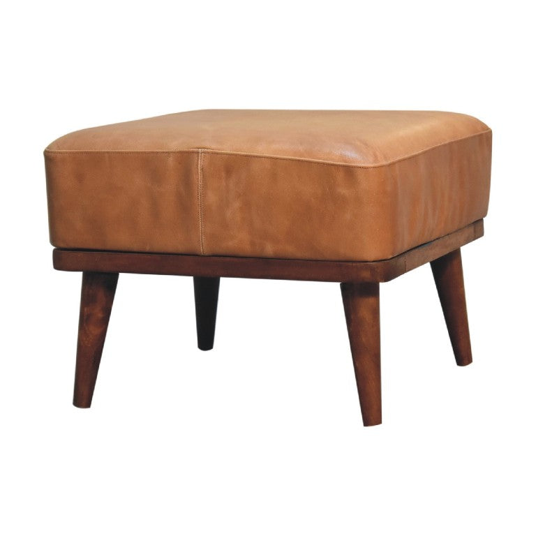 HomeRoots 20 Inch Round Leather Ottoman Footstool in Tan Chestnut for Living Room Decor 719521