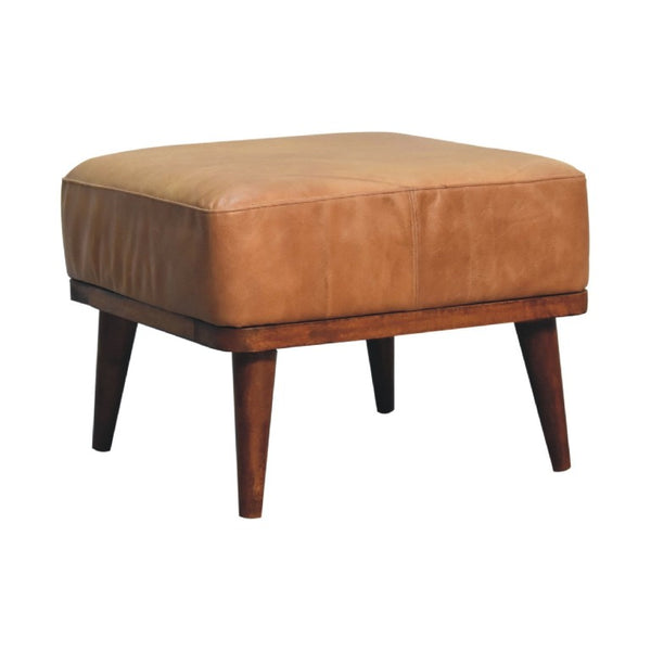 20 Inch Round Leather Ottoman Footstool in Tan Chestnut for Living Room Decor