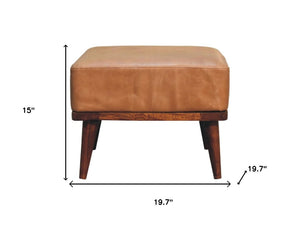 20 Inch Round Leather Ottoman Footstool in Tan Chestnut for Living Room Decor