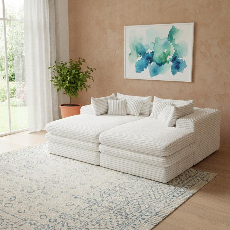 HomeRoots Set of Two White Corduroy Chaise Lounges with Accent Toss Pillows for Living Rooms 719548
