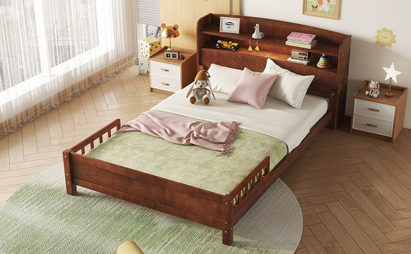 English Elm Full Pine Wood Bed with Bookcase Headboard, LED Motion Sensor, Guardrails & Ample Walnut Storage W504P281004