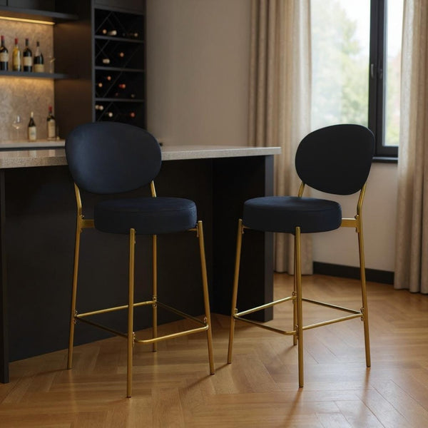 HomeRoots Set of Two Stylish Gray Velvet Bar Stools with Gold Metal Base – Chic Low-Back Design for Comfort 719634