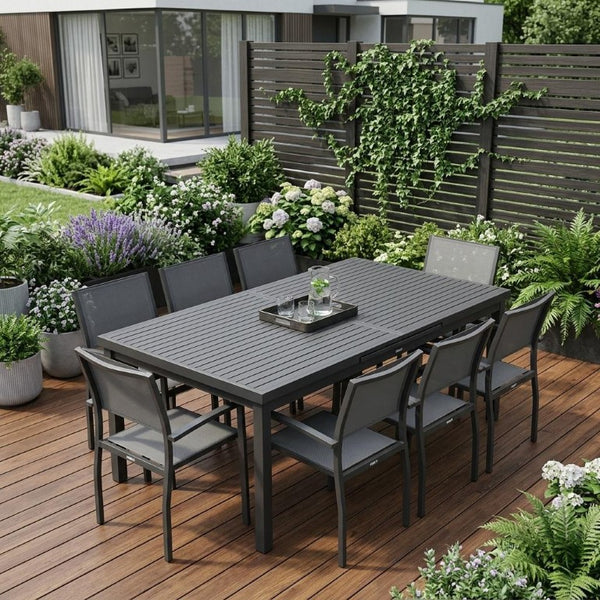 Nine Piece Metal Dining Set with Eight Chairs for Modern Industrial Kitchen Entertaining