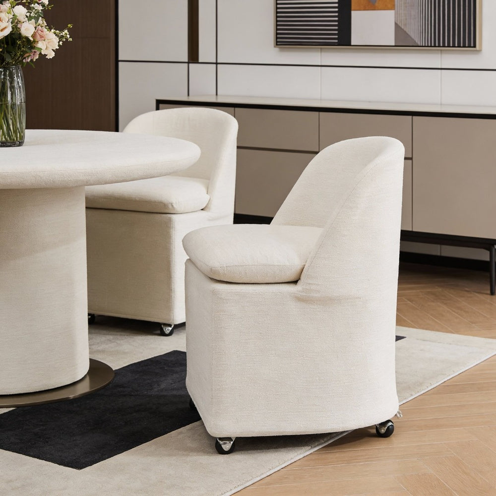 HomeRoots Set of Two Stylish Blue Chenille Wing Back Dining Chairs with Rolling Wheels for Versatile Use 719647