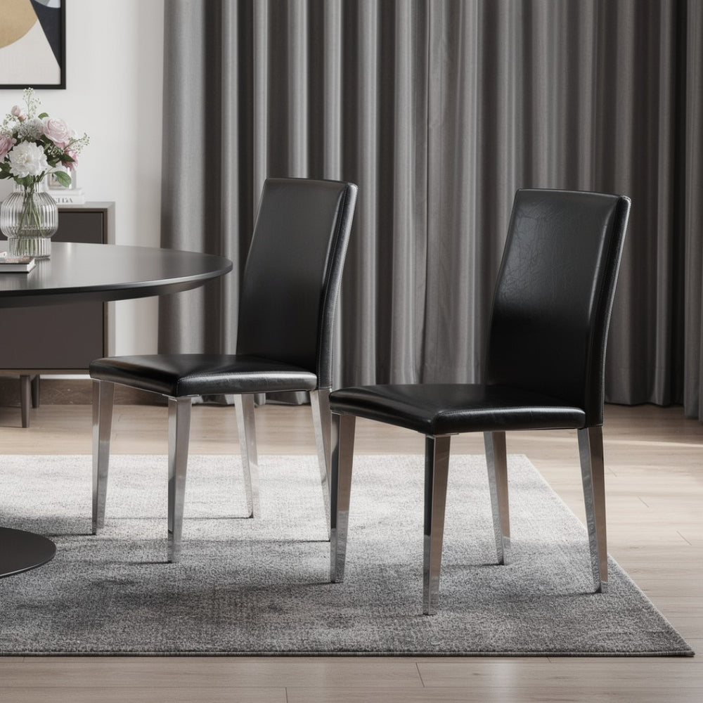 HomeRoots Set of Four Black Faux Leather & Silver Metal Dining Chairs - Stylish, Modern, & Easy to Clean! 719651