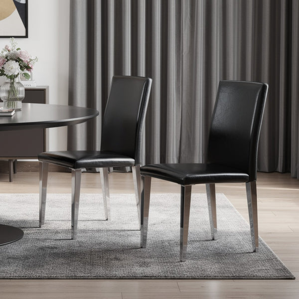 HomeRoots Set of Four Black Faux Leather & Silver Metal Dining Chairs - Stylish, Modern, & Easy to Clean! 719651