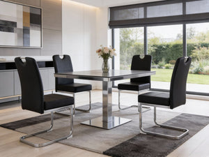 HomeRoots Set of Four Stylish White and Silver Faux Leather Dining Chairs with Geometric Metal Legs 719657