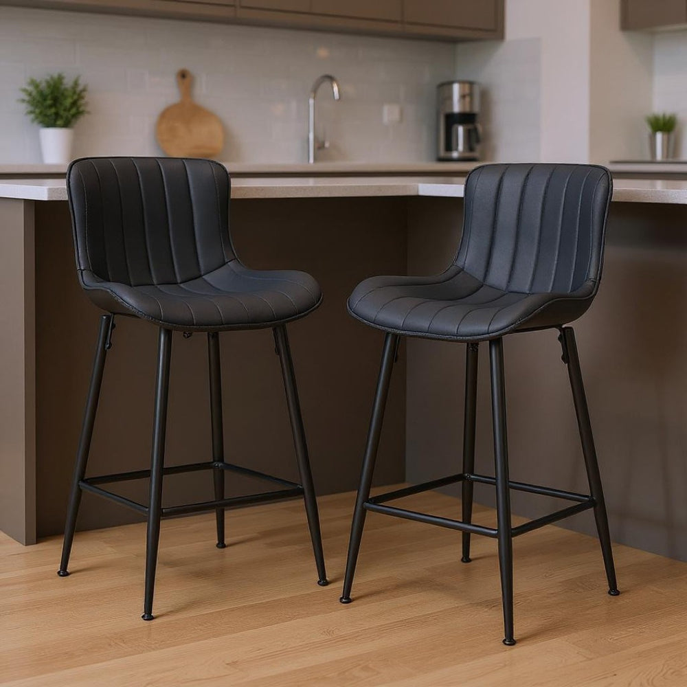 HomeRoots Set of Two Stylish Gray Faux Leather Bar Chairs with Black Metal Base for Modern Spaces 719671