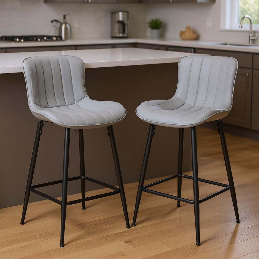 Set of Two Stylish Gray Faux Leather Bar Chairs with Black Metal Base for Modern Spaces