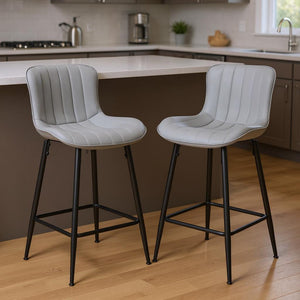 Set of Two Stylish Gray Faux Leather Bar Chairs with Black Metal Base for Modern Spaces
