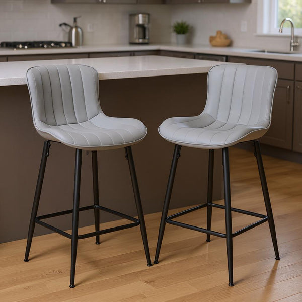 Set of Two Stylish Gray Faux Leather Bar Chairs with Black Metal Base for Modern Spaces