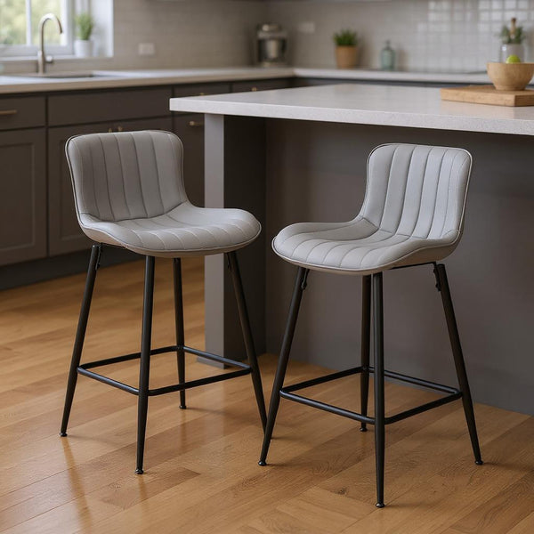 Set of Two Stylish Gray Faux Leather Bar Chairs with Black Metal Base for Modern Spaces