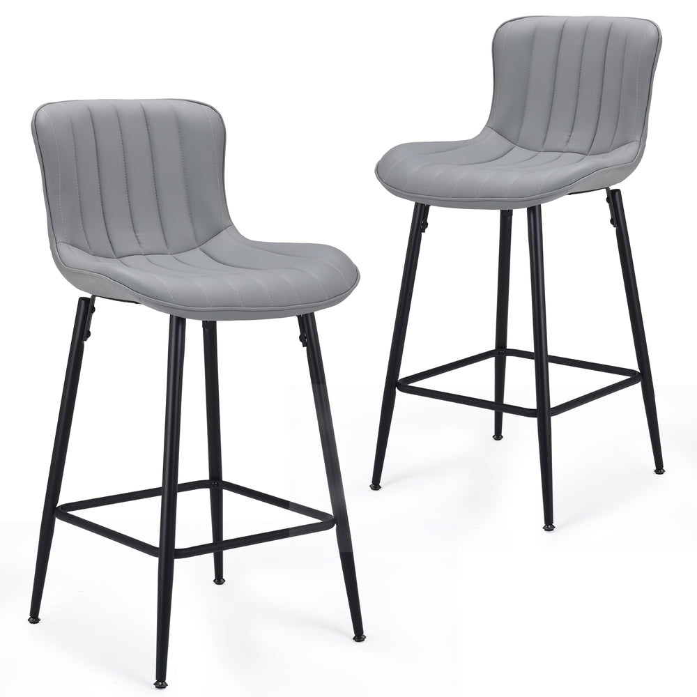 Set of Two Stylish Gray Faux Leather Bar Chairs with Black Metal Base for Modern Spaces