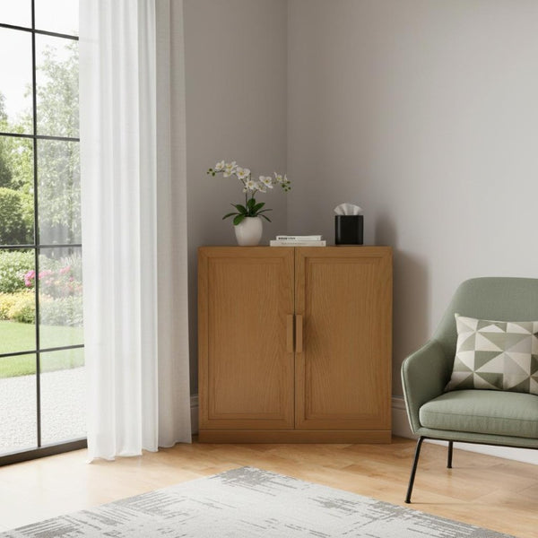 31 Inch Wood Corner Accent Cabinet with Paneled Dual Doors for Rustic Living Room Storage