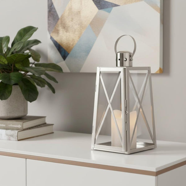 HomeRoots Set of Two Elegant Clear & White Glass Lantern Candle Holders – Modern Farmhouse Decor for Any Space 719758