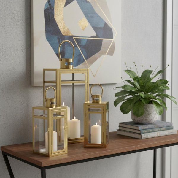 HomeRoots Set of Three Modern Glass & Stainless Steel Lantern Candle Holders for Stylish Home Décor & Gifts 719760