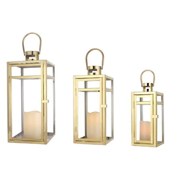 HomeRoots Set of Three Modern Glass & Stainless Steel Lantern Candle Holders for Stylish Home Décor & Gifts 719760