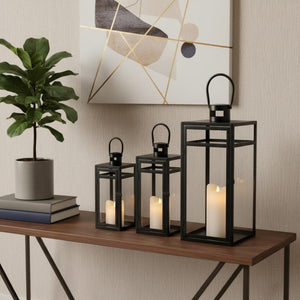 HomeRoots Set of Three Vintage-Style Glass and Metal Floor Lantern Candle Holders for Elegant Atmosphere 719762