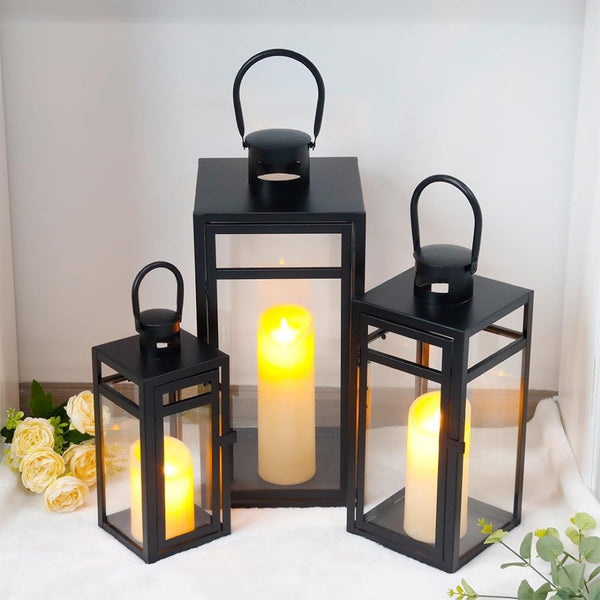HomeRoots Set of Three Vintage-Style Glass and Metal Floor Lantern Candle Holders for Elegant Atmosphere 719762