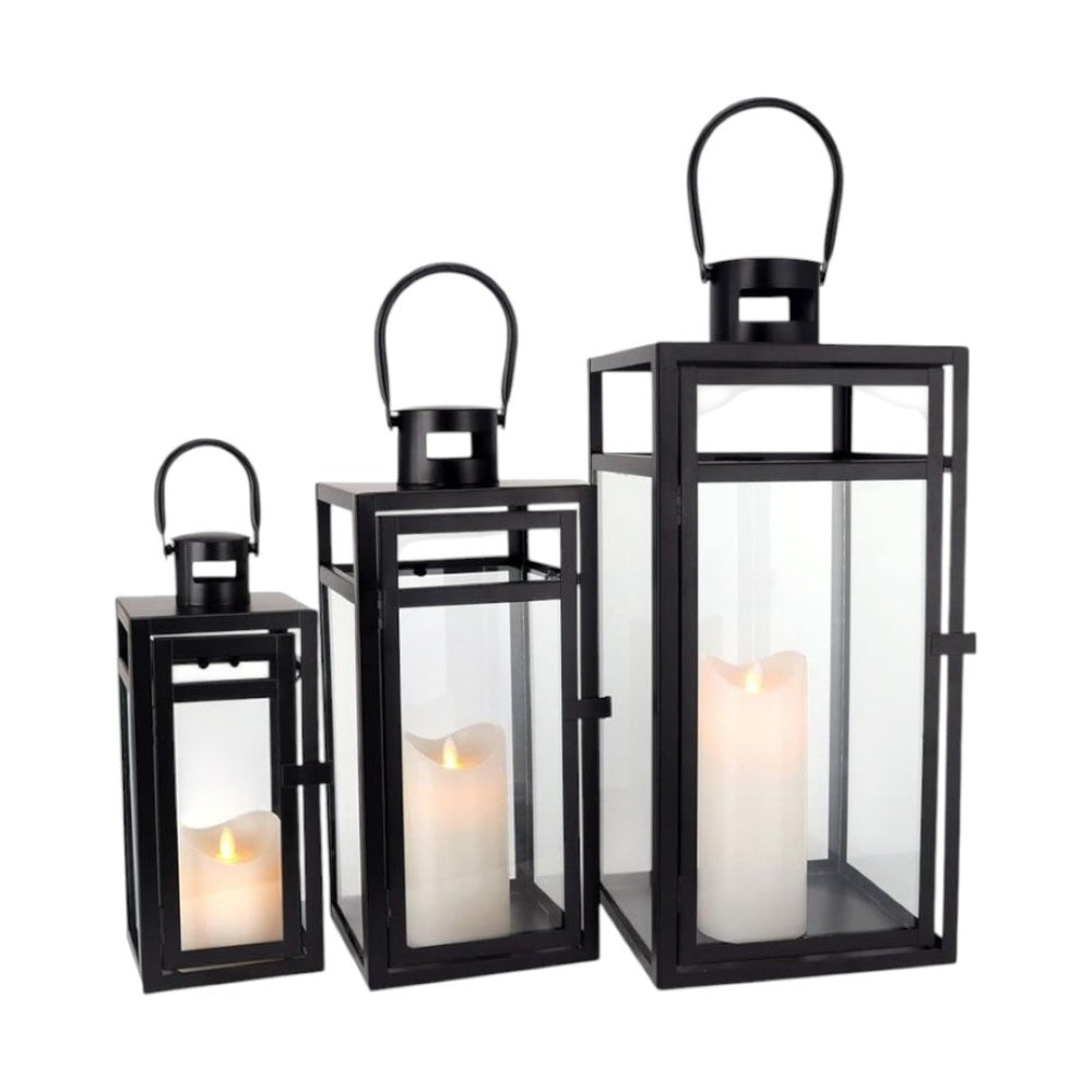 HomeRoots Set of Three Vintage-Style Glass and Metal Floor Lantern Candle Holders for Elegant Atmosphere 719762