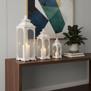 HomeRoots Set of Three Vintage-Inspired Glass and Metal Lantern Candle Holders for Elegant Home Decor 719763