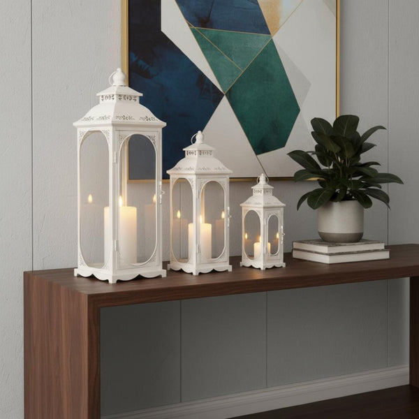 HomeRoots Set of Three Vintage-Inspired Glass and Metal Lantern Candle Holders for Elegant Home Decor 719763