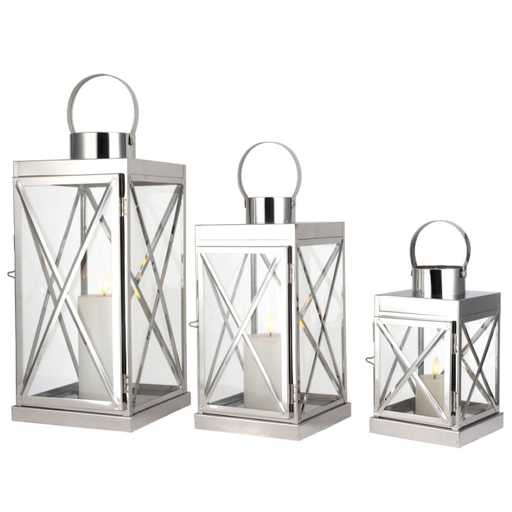 HomeRoots Set of Three Elegant Glass and Gold Stainless Steel Floor Lanterns for Modern Farmhouse Charm 719765