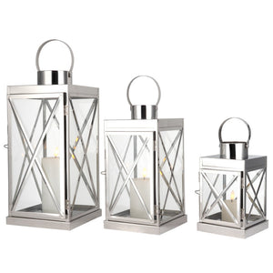 HomeRoots Set of Three Elegant Glass and Gold Stainless Steel Floor Lanterns for Modern Farmhouse Charm 719765