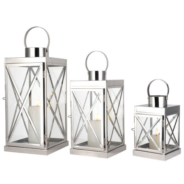 HomeRoots Set of Three Elegant Glass and Gold Stainless Steel Floor Lanterns for Modern Farmhouse Charm 719765