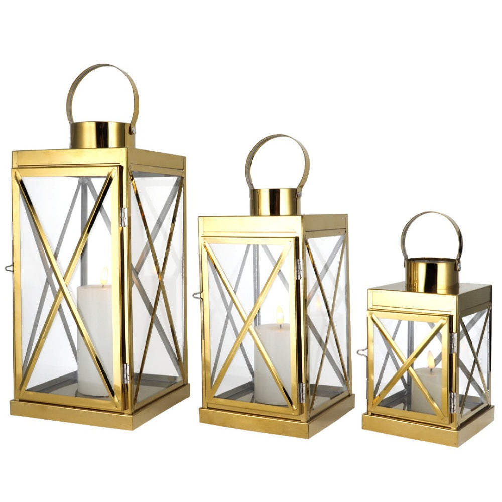 HomeRoots Set of Three Elegant Glass & Stainless Steel Lantern Candle Holders for Modern Home Decor Style 719766