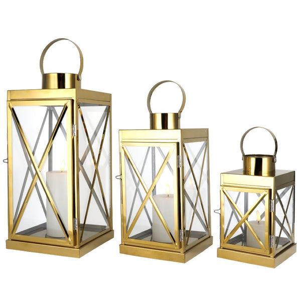 HomeRoots Set of Three Elegant Glass & Stainless Steel Lantern Candle Holders for Modern Home Decor Style 719766