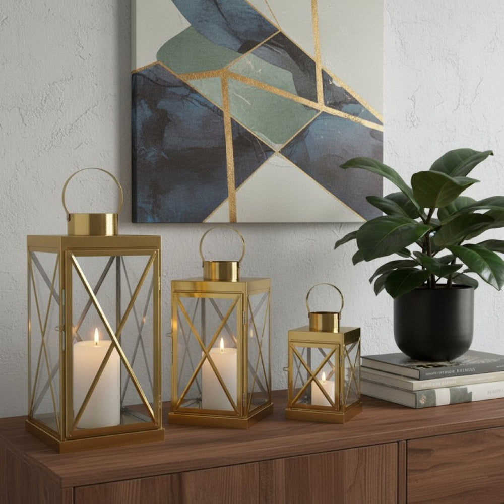 HomeRoots Set of Three Elegant Glass & Stainless Steel Lantern Candle Holders for Modern Home Decor Style 719766