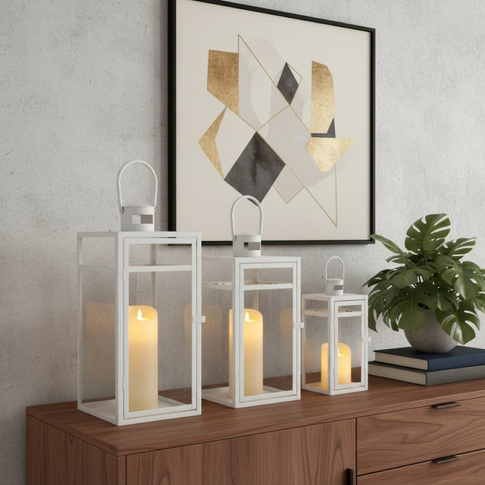 HomeRoots Set of Three Vintage Hexagon Glass & Metal Floor Lantern Candle Holders for Elegant Home Decor 719767