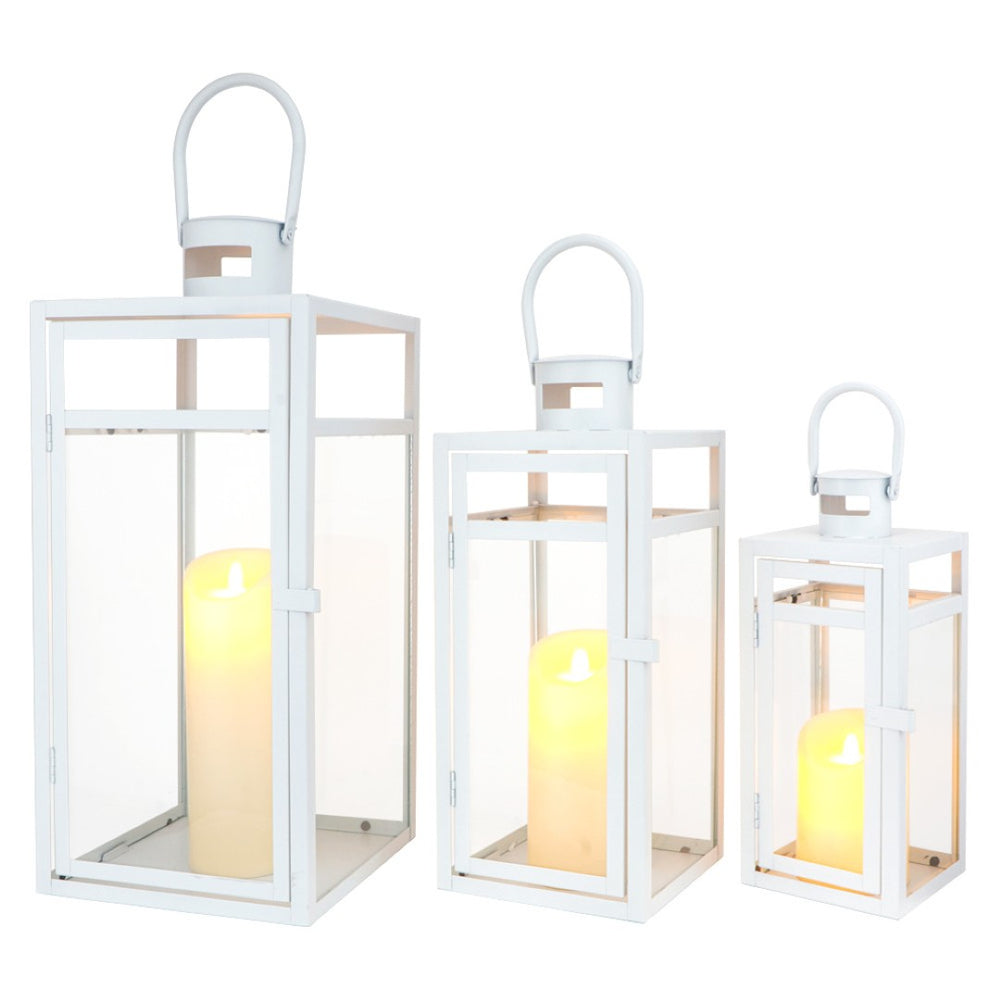 HomeRoots Set of Three Vintage Hexagon Glass & Metal Floor Lantern Candle Holders for Elegant Home Decor 719767
