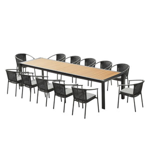 HomeRoots 13 Piece Solid Wood Dining Set with Twelve Chairs for Large Farmhouse Gatherings and Entertaining 86.6 inches 719773