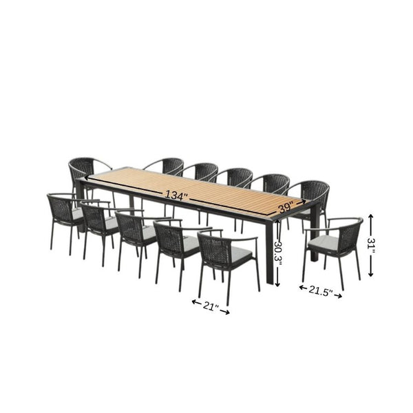 13 Piece Solid Wood Dining Set with Twelve Chairs for Large Farmhouse Gatherings and Entertaining