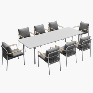 Nine Piece Metal Dining Set with Eight Chairs for Modern Industrial Kitchen Entertaining