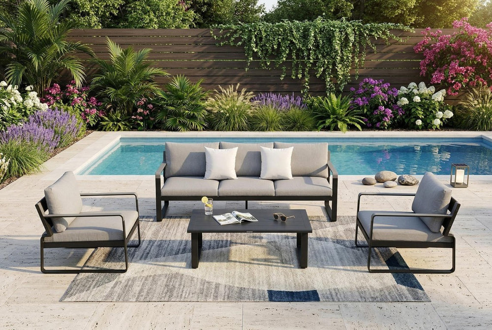 HomeRoots Four Piece Metal Outdoor Patio Dining Set with Bistro Table for Stylish Backyard Entertaining Black 73" W x 27.6" H x 32.7" D 719789