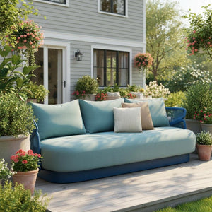 73 Inch Outdoor Metal Sofa in Forest Green with Decorative Accent Pillows Included